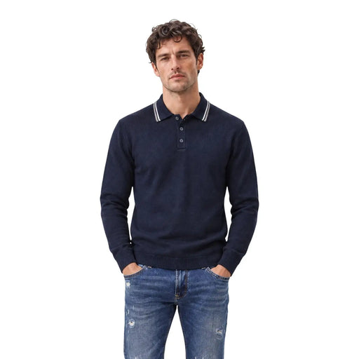 Armani Exchange Polo en laine bleu marine pour homme, col rayé blanc et poignets côtelés, vue de face