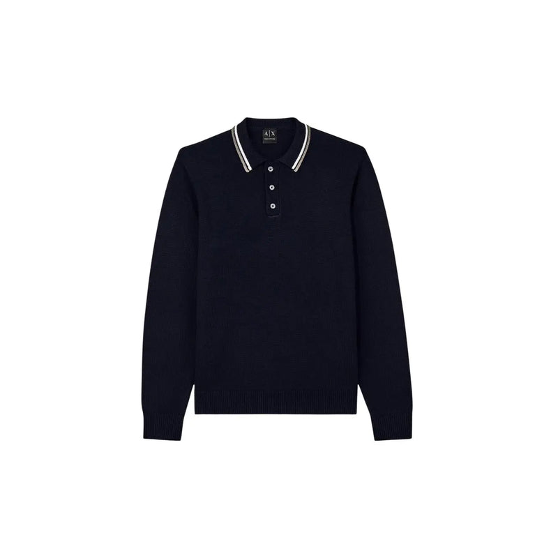 Armani Exchange Polo en laine noire pour homme, avec col à rayures blanches et argentées, vue de face