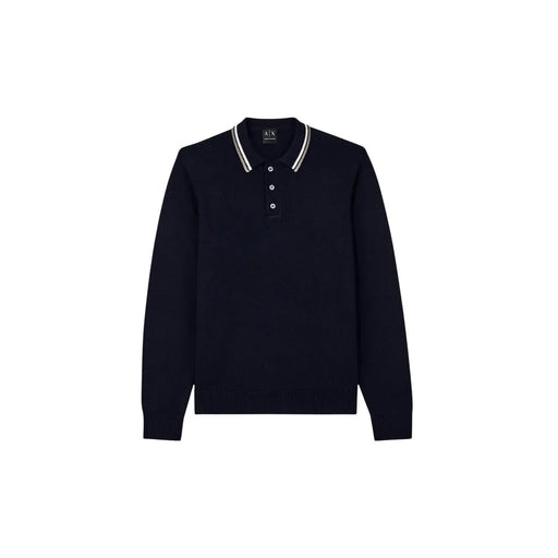 Armani Exchange Polo en laine noire pour homme, avec col à rayures blanches et argentées, vue de face