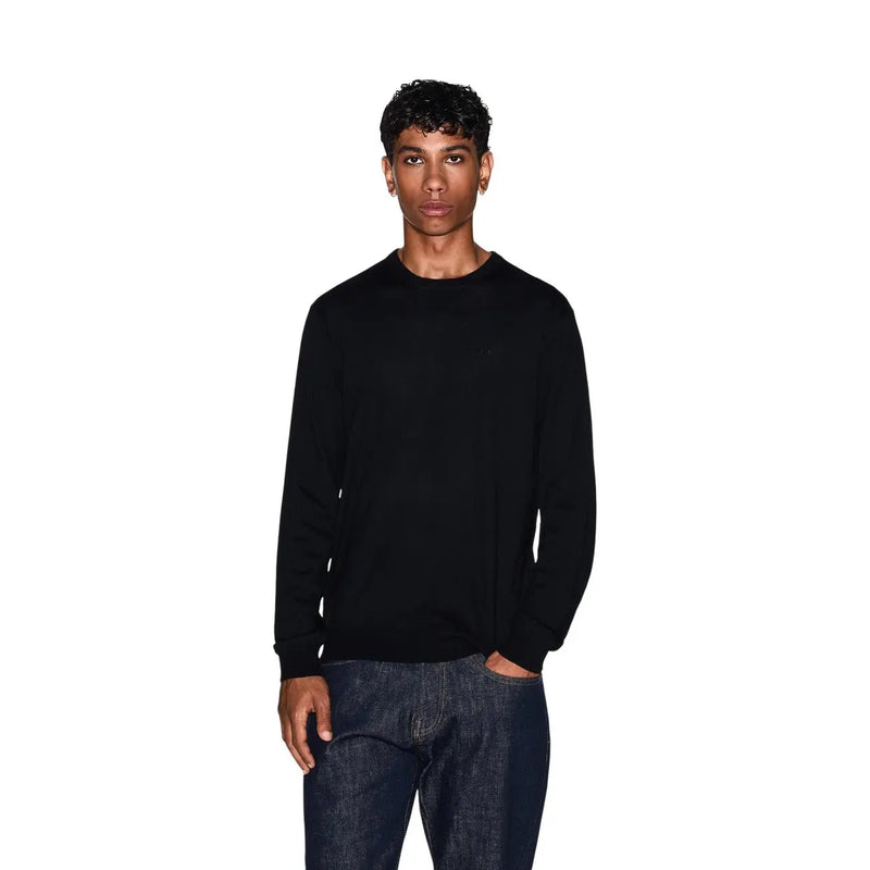 Armani Exchange Pull en laine noir pour homme avec logo brodé sur la poitrine, vue de face