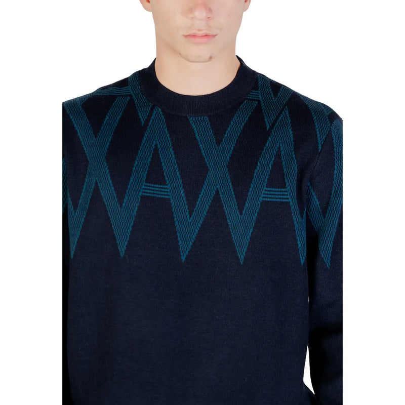 Armani Exchange Pull en laine pour homme, bleu foncé, à motif géométrique en zigzag turquoise, vue de face