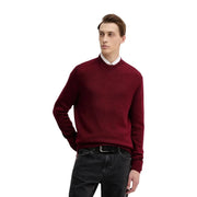 Armani Exchange Pull en laine bordeaux pour homme, à col et poignets côtelés, porté sur une chemise blanche à col par un mannequin.