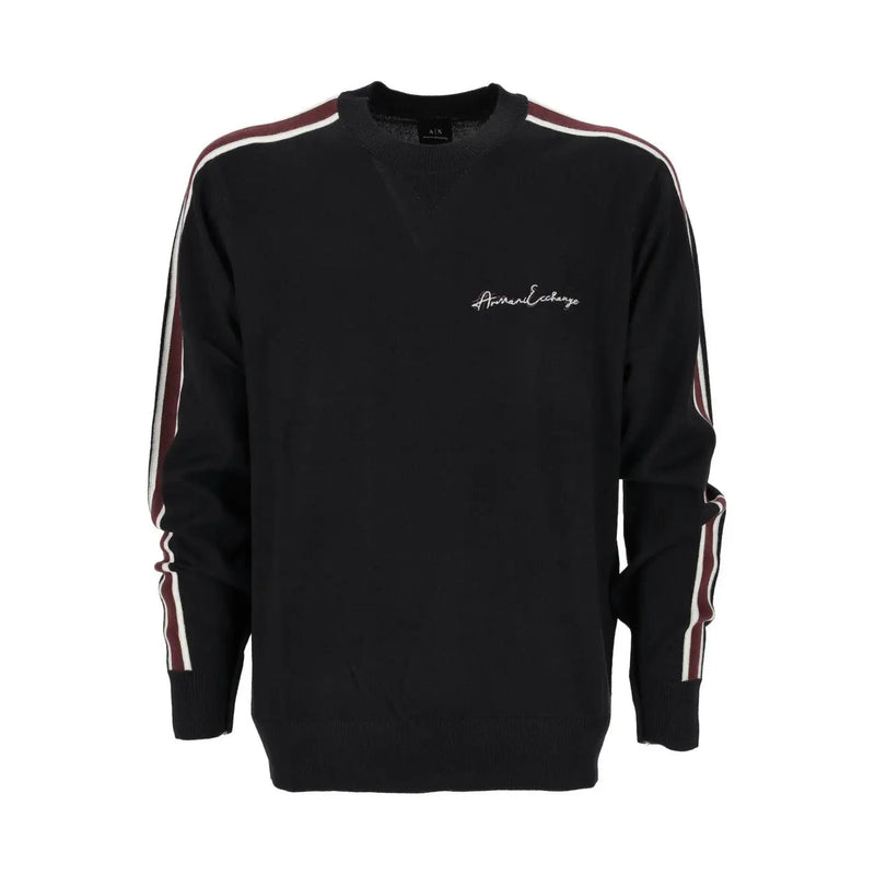 Armani Exchange Pull en laine pour homme, noir avec manches rayées bordeaux et blanches, vue de face