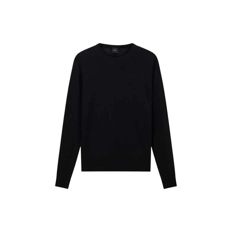 Armani Exchange Pull en laine noire pour homme avec logo brodé discret sur la poitrine gauche, vue de face