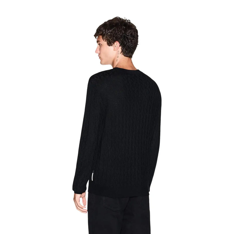 Armani Exchange Pull en laine noire pour homme, à maille côtelée et col rond, vue de face