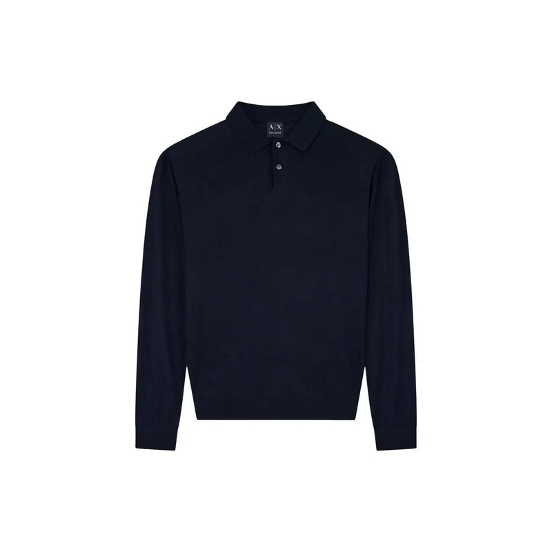 Armani Exchange Pull en laine bleu marine pour homme, col classique et patte de boutonnage à deux boutons, vue de face