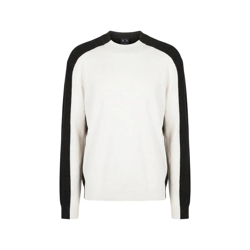 Armani Exchange Pull en laine pour femme, écru et noir, épaules côtelées et manches raglan, vue de face