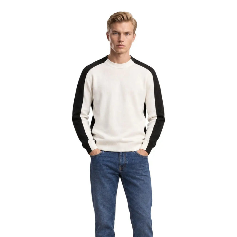 Armani Exchange Pull en laine pour homme, coloris crème et noir, manches raglan et col rond côtelé, vue de face
