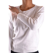 Armani Jeans women white cotton knitwear long round neck sweater with subtle silver embroidery on the chest