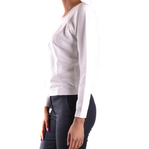 Pull long en maille de coton blanc pour femme Armani Jeans, col rond, poignets côtelés et motif texturé discret sur le devant.