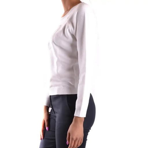 Armani Jeans women white cotton round neck knit top with ribbed cuffs hem and subtle textured front pattern