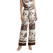 Pantalon large en viscose beige pour femme Artigli, imprimé botanique marron et ourlets rayés assortis, idéal pour le printemps et l'été.