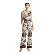 Combinaison Artigli pour femme, beige en viscose à imprimé floral, col V, ceinture assortie, printemps-été.