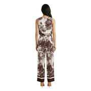 Combinaison pantalon sans manches à jambes larges pour femme Artigli, coloris crème et bordeaux, à imprimé botanique, en viscose, idéale pour le printemps-été.