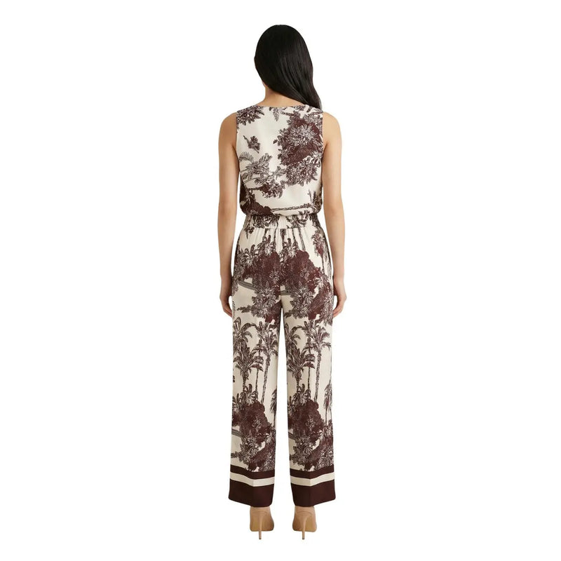 Combinaison pantalon sans manches à jambes larges pour femme Artigli, coloris crème et bordeaux, à imprimé botanique, en viscose, idéale pour le printemps-été.
