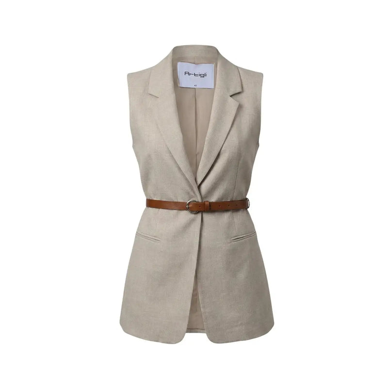 Blazer sans manches beige en polyester pour femme, avec col à revers et ceinture en cuir marron.