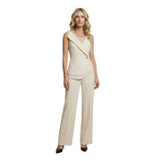 Combinaison Artigli pour femme, beige, sans manches, en polyester, avec encolure asymétrique drapée et pantalon à jambes larges ajusté.