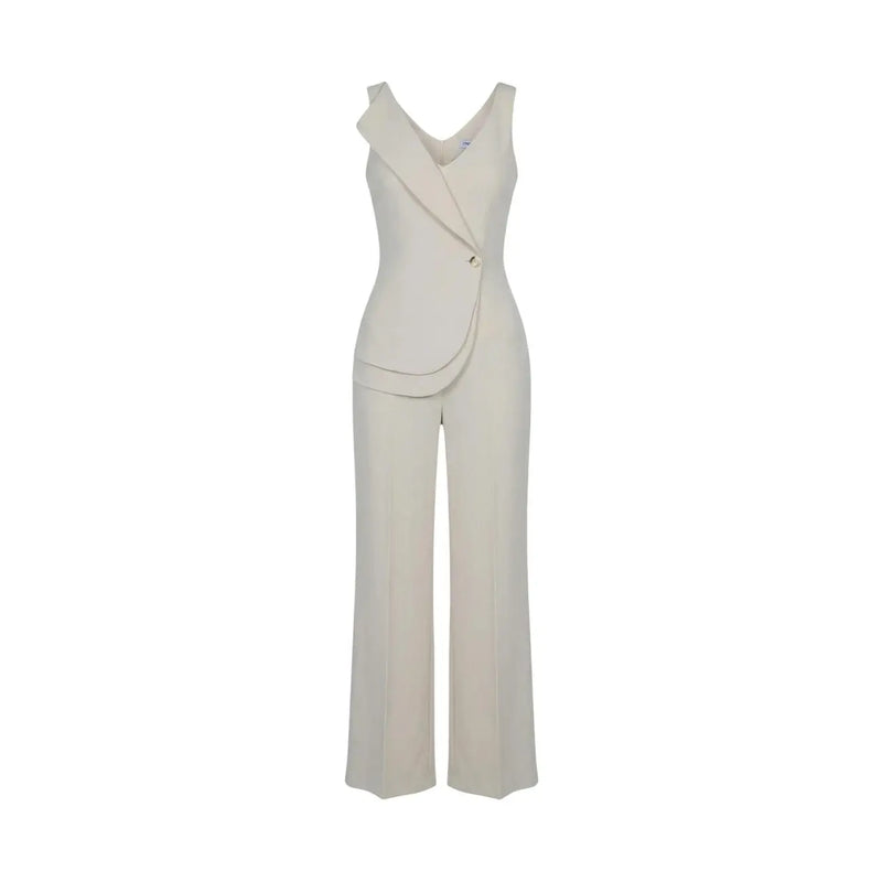 Combinaison Artigli pour femme, beige, sans manches, en polyester, avec un devant asymétrique drapé et un pantalon à jambes larges.