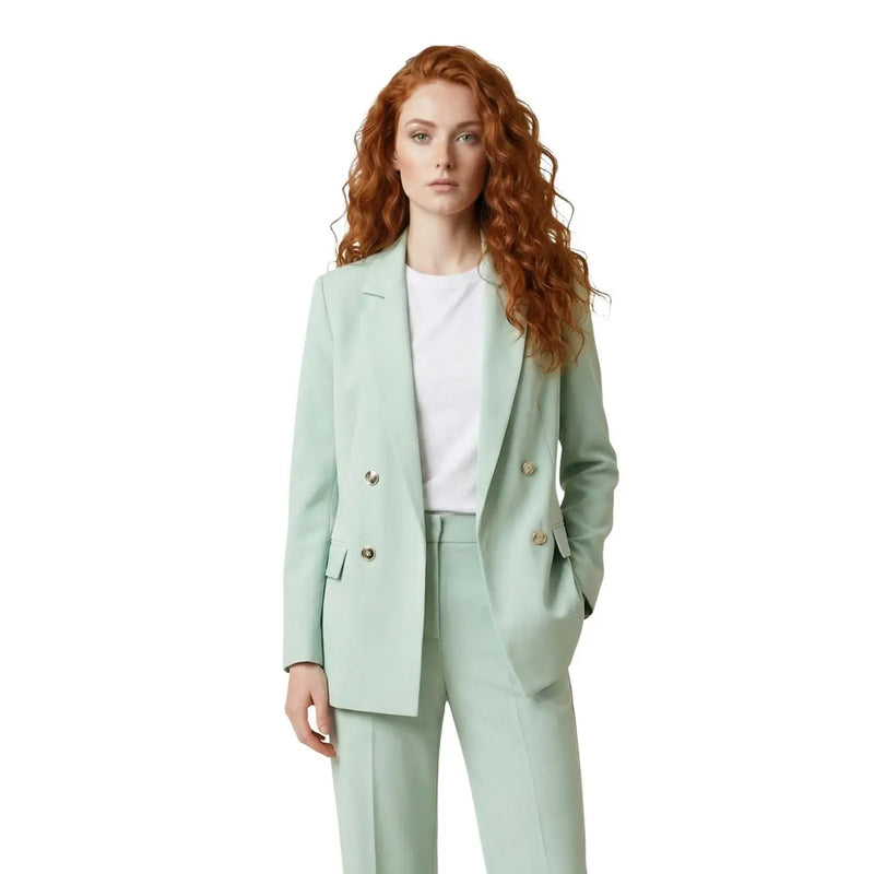 Mint green Artigli women double-breasted polyester blazer with gold-toned buttons and matching trousers set