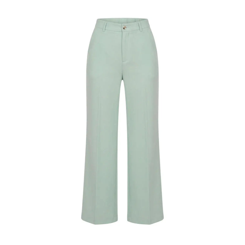 Pantalon Artigli pour femme, vert, en polyester stretch, taille haute, jambes larges, coupe ajustée et plis discrets sur le devant.