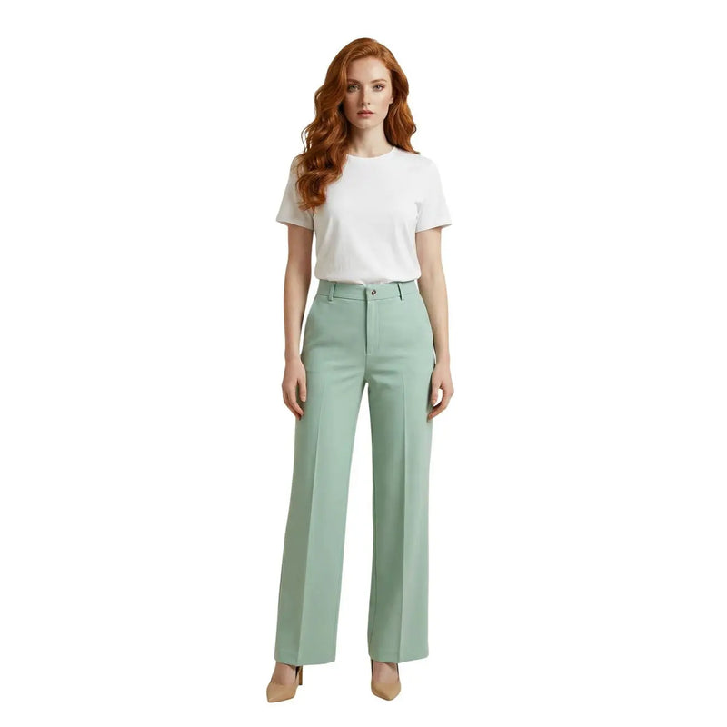 Pantalon Artigli pour femme en polyester stretch vert menthe, coupe ajustée à jambes larges et plis discrets sur le devant.