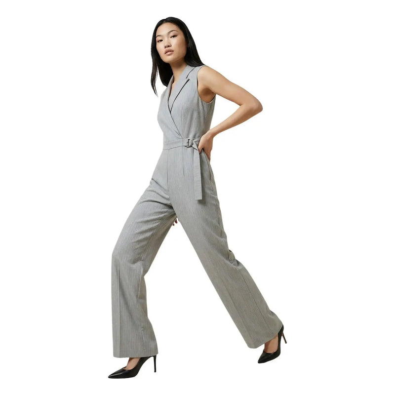 Combinaison-pantalon grise sans manches à col en V pour femme Artigli avec blazer cintré top et un pantalon à jambes larges en tissu gris clair