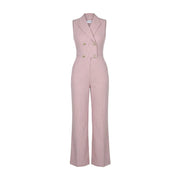 Combinaison Artigli pour femme, rose poudré à fines rayures, sans manches, en polyester, avec fermeture croisée et boutons dorés.