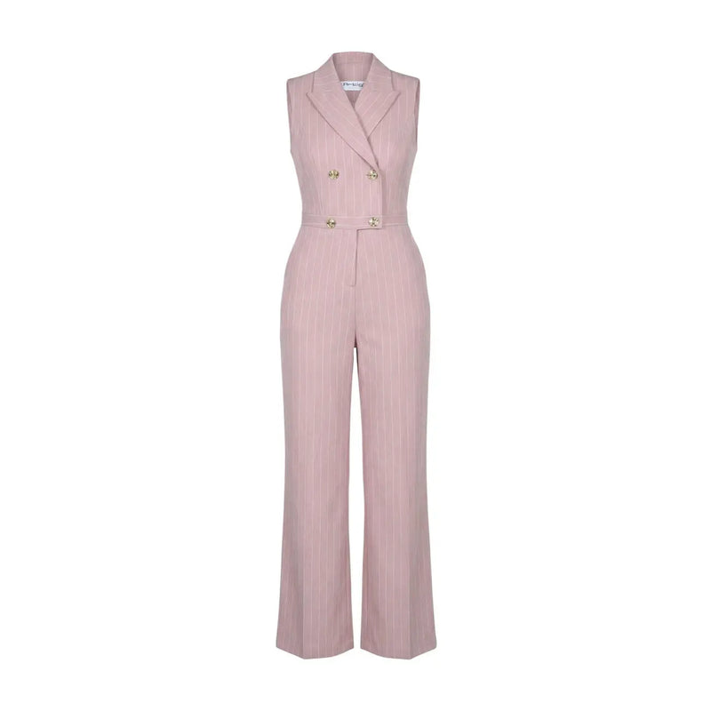 Combinaison Artigli pour femme, rose poudré à fines rayures, sans manches, en polyester, avec fermeture croisée et boutons dorés.