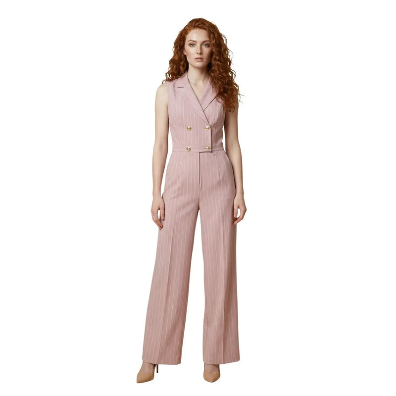 Combinaison pantalon rose à fines rayures, sans manches, à double boutonnage et boutons dorés, taille cintrée, en polyester Artigli pour femme