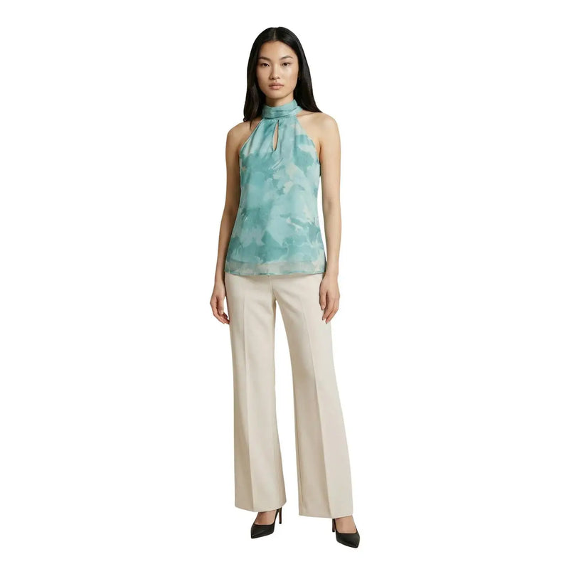 Col roulé sans manches pour femme Artigli top en polyester vert avec un col halter tie-dye turquoise et des découpes subtiles