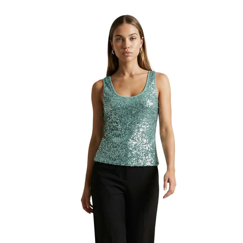 Articles femmes top Débardeur vert à paillettes en polyester, encolure arrondie et finition turquoise scintillante