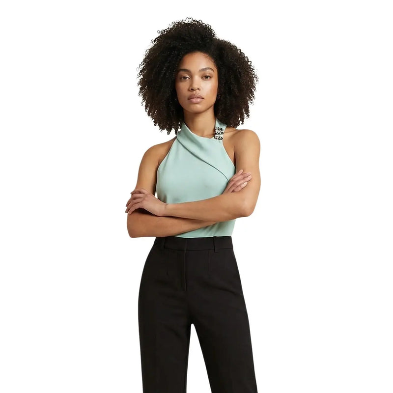 Articles pour femmes sans manches top en polyester vert menthe avec un col halter asymétrique et une encolure ornée