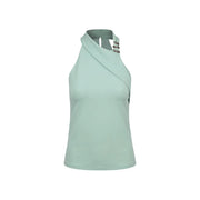 Articles pour femmes sans manches en polyester top en vert menthe avec col halter, devant drapé et ornements argentés