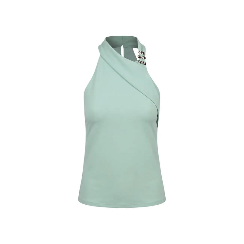 Articles pour femmes sans manches en polyester top en vert menthe avec col halter, devant drapé et ornements argentés