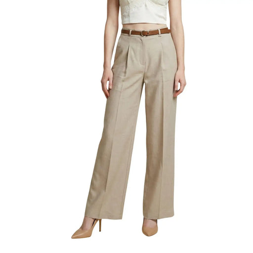 Pantalon beige taille haute à jambes larges en polyester pour femme Artigli, avec plis sur le devant et ceinture marron assortie, fabriqué en Italie