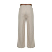 Pantalon large beige en polyester pour femme Artigli, avec ceinture en cuir marron, fermeture éclair et bouton, fabriqué en Italie