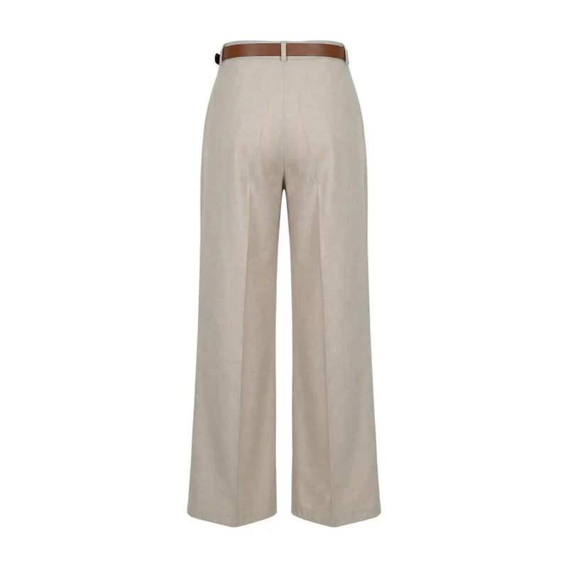 Pantalon large beige en polyester pour femme Artigli, avec ceinture en cuir marron, fermeture éclair et bouton, fabriqué en Italie