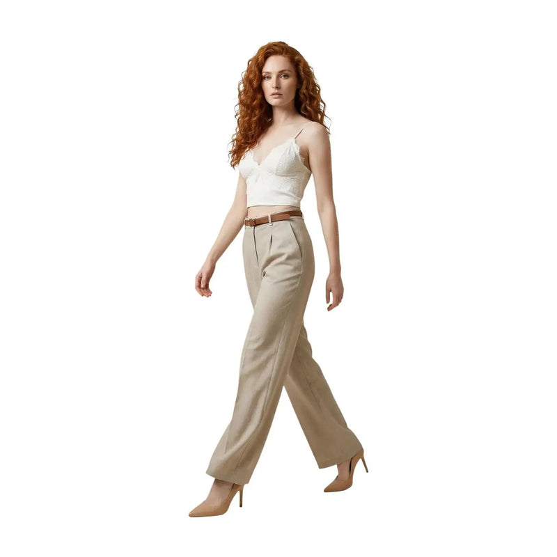 Pantalon large beige en polyester pour femme Artigli, avec passant de ceinture, plis, fermeture éclair et bouton sur le devant, fabriqué en Italie