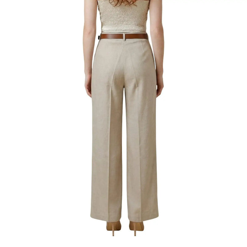 Pantalon Artigli beige à jambes larges pour femme, en polyester, coupe structurée et plis discrets sur le devant, fabriqué en Italie.