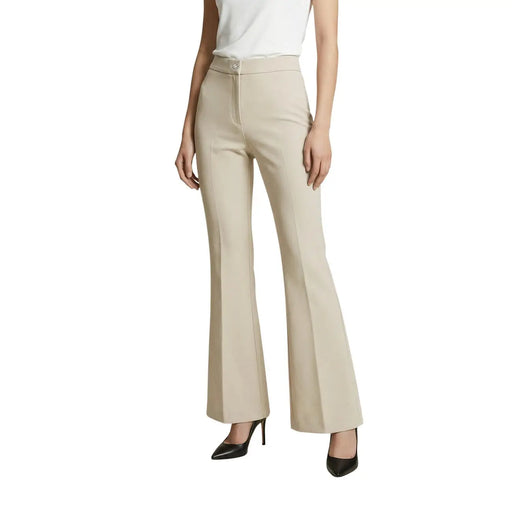 Pantalon beige taille haute évasé Artigli, coupe ajustée, plis discrets sur le devant, fermeture éclair et bouton en mélange polyester-élasthanne