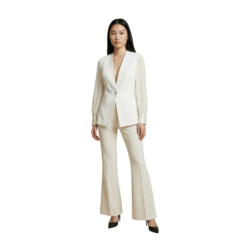 Blazer tailleur couleur crème à un bouton et pantalon évasé beige en polyester élasthanne de la collection femme Artigli