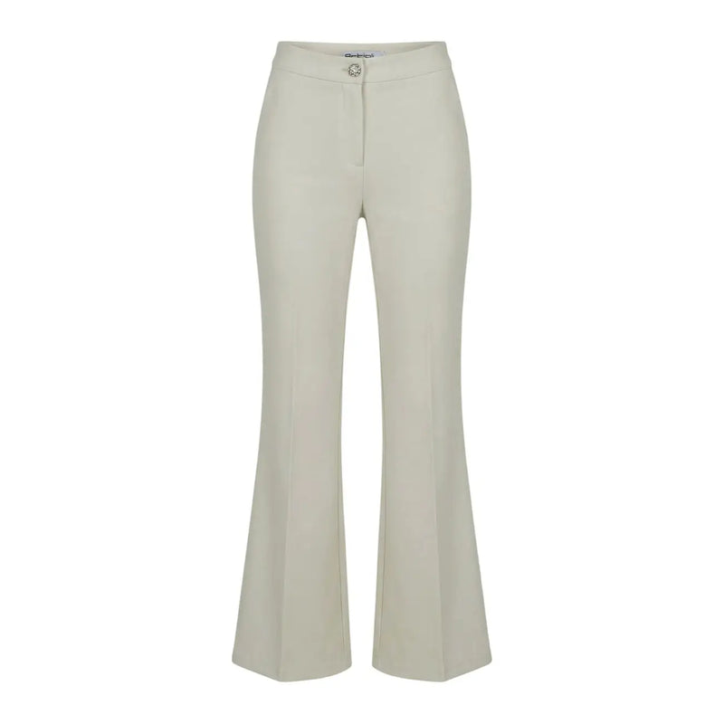 Pantalon évasé taille haute couleur crème pour femme, coupe ajustée et élégante, fermeture boutonnée, en polyester élasthanne.