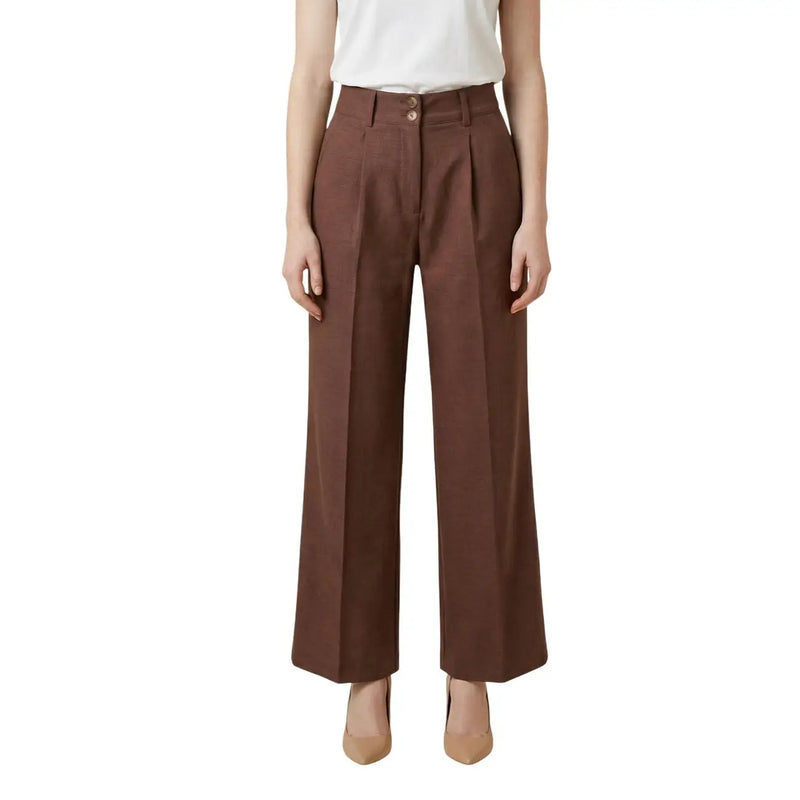 Pantalon taille haute à jambes larges Artigli pour femme, en polyester marron, avec plis sur le devant et fermeture éclair et bouton.