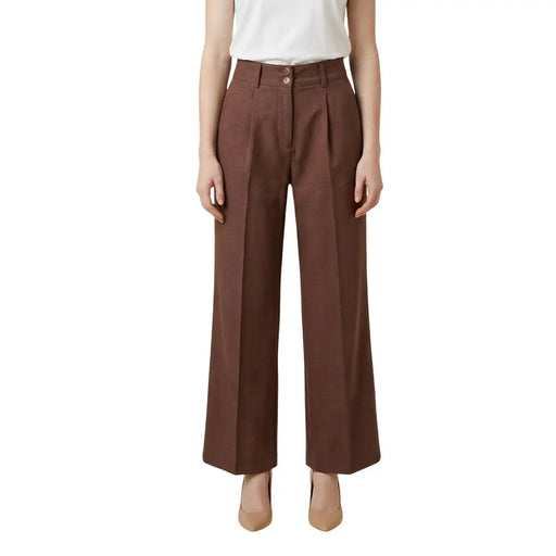 Pantalon taille haute à jambes larges Artigli pour femme, en polyester marron, avec plis sur le devant et fermeture éclair et bouton.