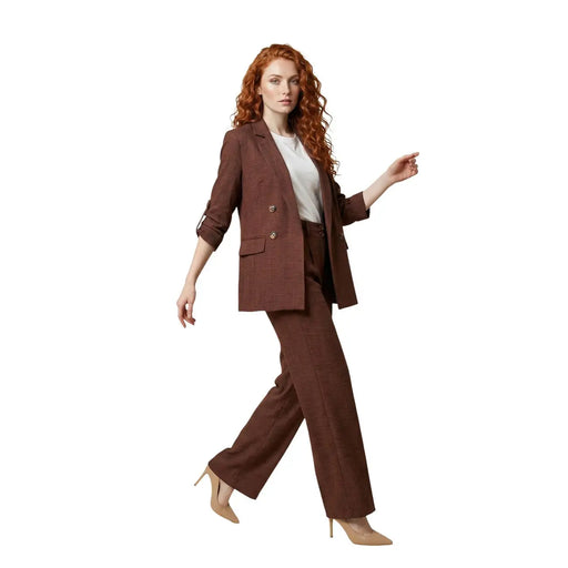Blazer croisé marron en polyester pour femme Artigli, manches retroussées et pantalon large assorti.