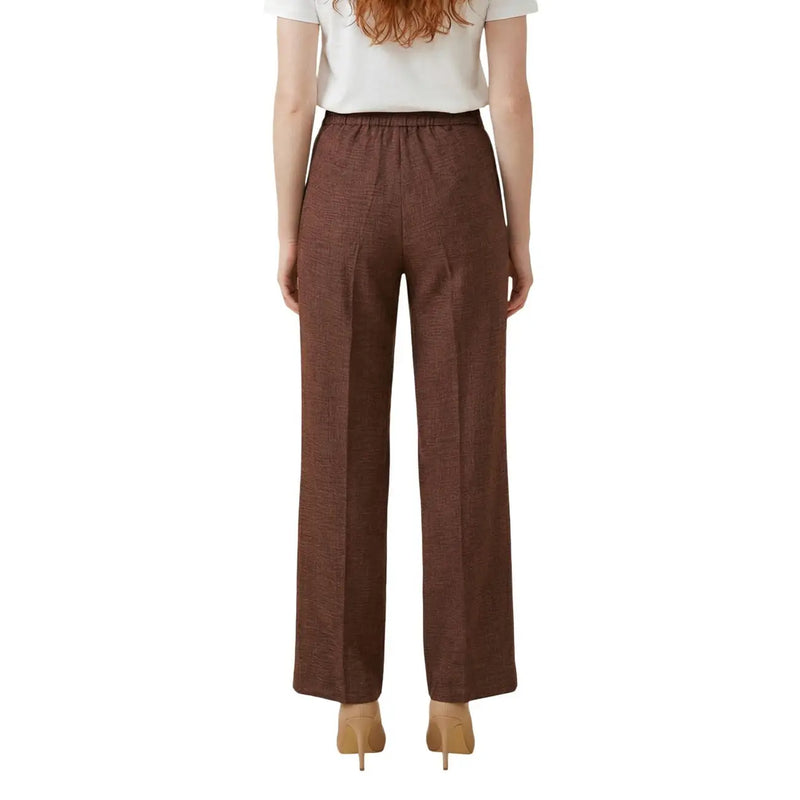 Pantalon large pour femme Artigli en polyester marron, à motif texturé et taille élastiquée (vue de face)