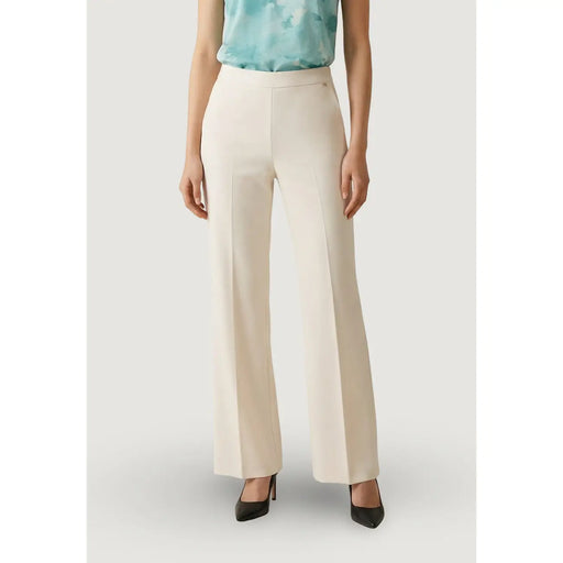 Pantalon large couleur crème pour femme Artigli, en tissu lisse et ajusté, poches avant zippées blanches, ACPA004356