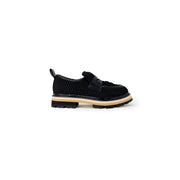 Ash women black leather slip on shoe featuring a black woven loafer design with glossy strap and tan midsole