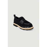 Ash women black leather slip on shoes featuring black woven loafer design with glossy black strap and tan midsole