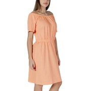 B.young orange soft peach off-the-shoulder dress with white dot pattern and gathered waist for stylish wear